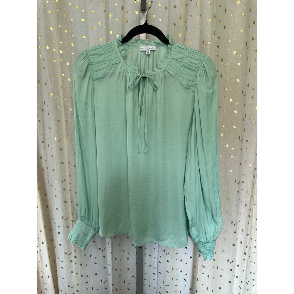 Maison d'Amelie Paris Mint Long Sleeve Smocked Cuffs Tie Neck Pleated Blouse M